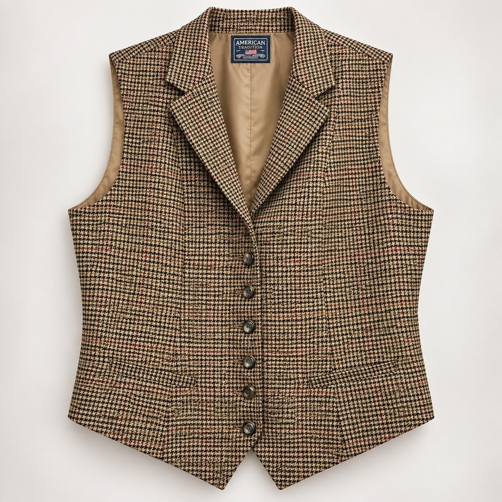 Women Houndstooth Vest Waistcoat Sz XL Brown Preppy Academia Old Money Heritage